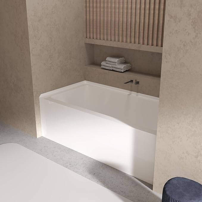 60 Inch Alcove Soaking Bathtub, Rectangular Acrylic Tub with Integral Apron, Left Drain, Glossy White Finish, Brushed Nickel Pop-Up Drain, Contemporary Recessed Bathtub for Bathroom Upgrade