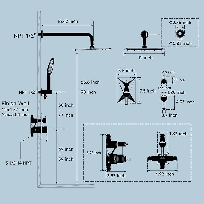 Shower Faucet Set - 12 inches Rain Shower System with 6 Function Handheld Shower Head Rough in Pressure Balance Valve Kit - Stainless Steel Bathroom Shower Kit Complete Brushed Gold