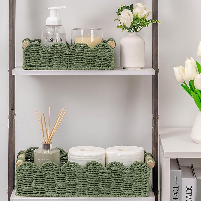 CubesLand Scalloped Edge Decor Baskets for Home, Living Room, Toilet Paper Storage Basket for Over Toilet Shelf, End Table,Shelves and More, Small Paper Rope Baskets Both Storage&Decor, Set 2 Green