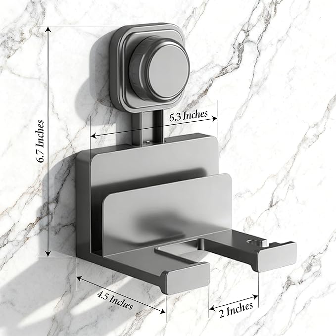 Suction Cup Hair Dryer Storage Organizer with Shelf & Hooks for Bathroom. Reusable, ABS Plastic, Rustproof, Wall Mounted. No Drill, No Glue, Nail Free (Gray, Standard)