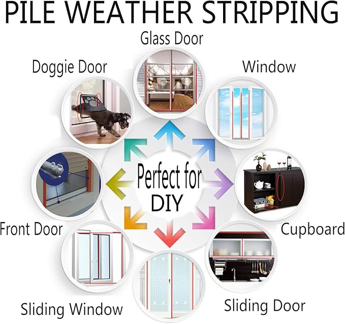 Adhesive Pile Weather Stripping, Weatherstrip Fuzzy Door Brush Strip for Sliding Sash Door Window Wardrobe Seal(33ft x11/32 Backing x 11/32 Brush inch, Black)