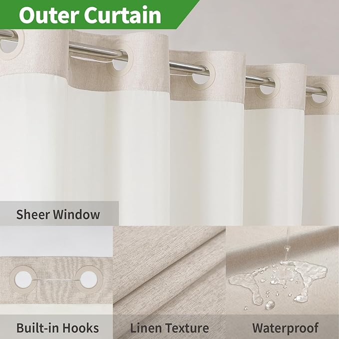 Stall No Hooks Needed Linen Textured Shower Curtain with Snap-in Fabric Liner Set,Hotel Luxury Decor Shower Curtains for Bathroom with Mesh Top Window,Waterproof & Washable,36Wx74H,Cream