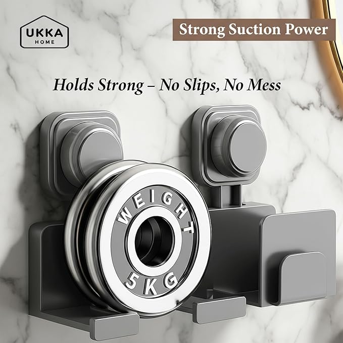 Suction Cup Hair Dryer Storage Organizer with Shelf & Hooks for Bathroom. Reusable, ABS Plastic, Rustproof, Wall Mounted. No Drill, No Glue, Nail Free (Gray, Standard)
