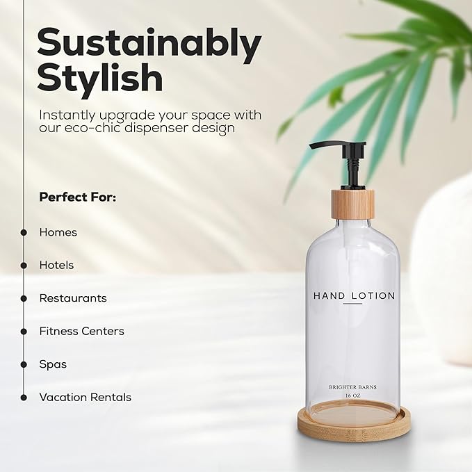 Glass Lotion Dispenser with Pump for Bathroom by Brighter Barns - Hand Lotion Dispenser Set with Tray - Boho Hand Cream Container for Bathroom, Neutral Home Decor in Bedroom, Lobby, Restaurant (Clear)