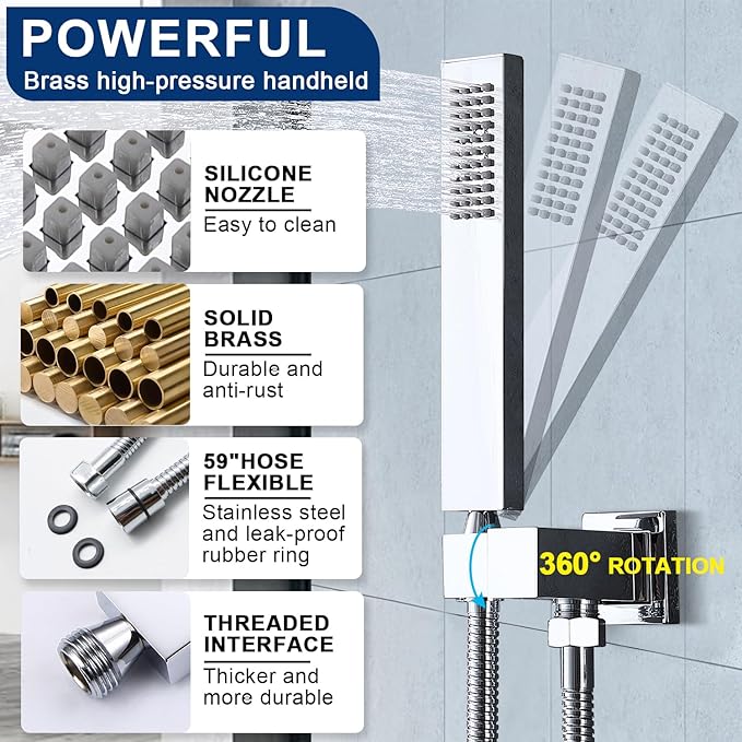 12" Shower Faucet Set Rain Shower System with 6" Wall Mounted Head Full Body Luxury Rain Shower System Rainfall Shower Head with Handheld Combo,3 Way Pressure Balance Valve Kit,Chrome