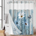 No Hook Blue Daisy Shower Curtain with Snap in Fabric Liner Set, Wooden Boards Double Layers Waterproof Fabric with See Through Top Window Open Grommet Bath Curtain 54x80 Inch