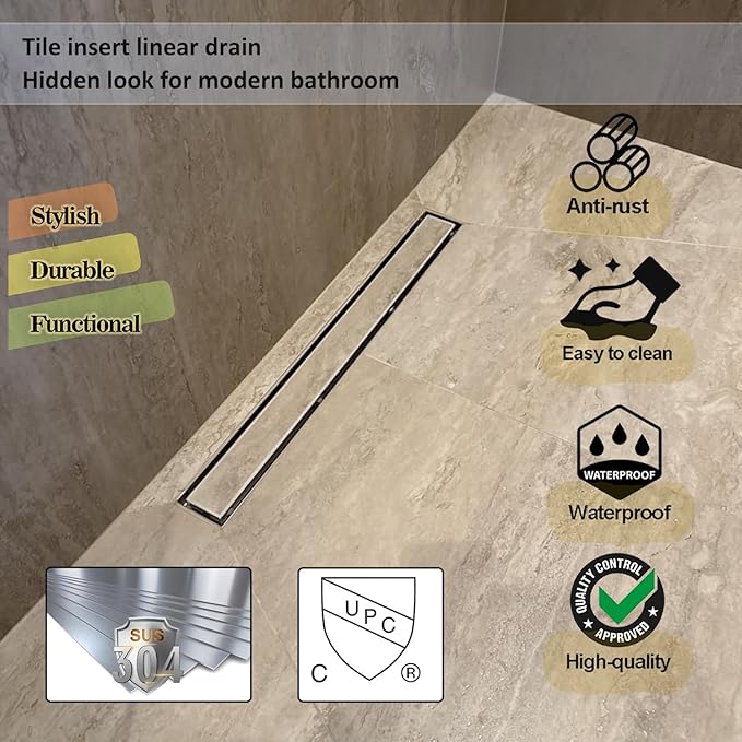 Neodrain 32-Inch Linear Shower Drain with Tile Insert Grate, Professional Brushed 304 Stainless Steel Rectangle Shower Floor Drain Manufacturer, Floor Shower Drain with Shower Drain Base