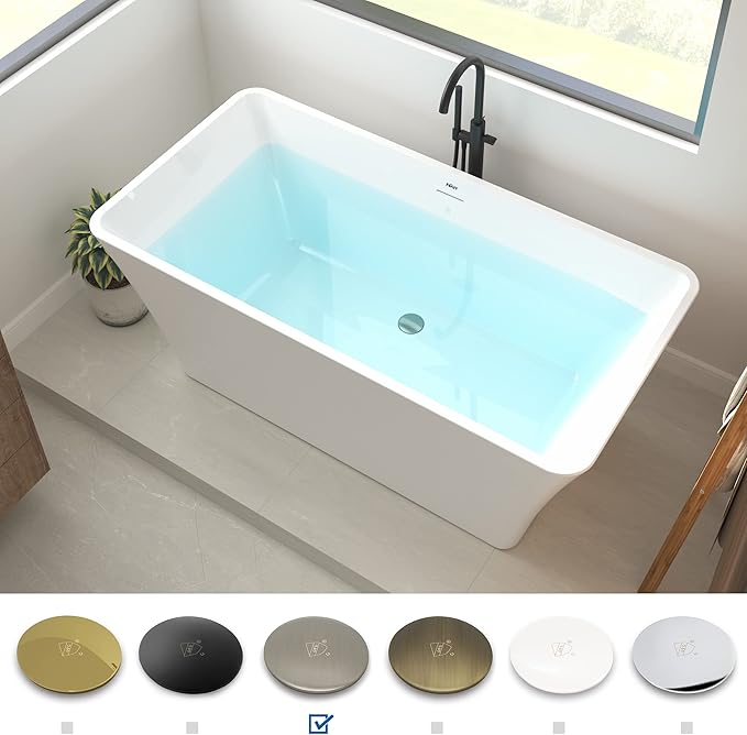 FerdY Sentosa 59" Acrylic Freestanding Bathtub, Contemporary Design Soaking Tub with Brushed Nickel Drain and Minimalist Linear Design Overflow, Easy to Install, 02560