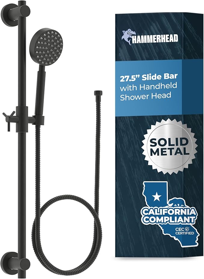 HammerHead Showers® SOLID METAL 27.5 Inch Shower Slide Bar Set and Handheld Shower Head with Hose — MATTE BLACK — 1.75 GPM Low Flow Spray Wand — Easily Adjust Height & Angle of Handshower