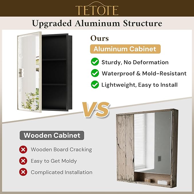 TETOTE Brushed Nickel 16" x 24" Recessed Medicine Cabinet Bathroom Mirror with Storage Medicine Cabinet with Beveled Frame Adjustable Shelves Wall-Mounted