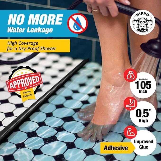 Shower Threshold Water Dam Barrier 105" - Black Collapsible Shower Water Blocker - Guard for Walk in Shower - Water Guard Stopper for Floor - Shower Door Water Blocker by Hippo Dam