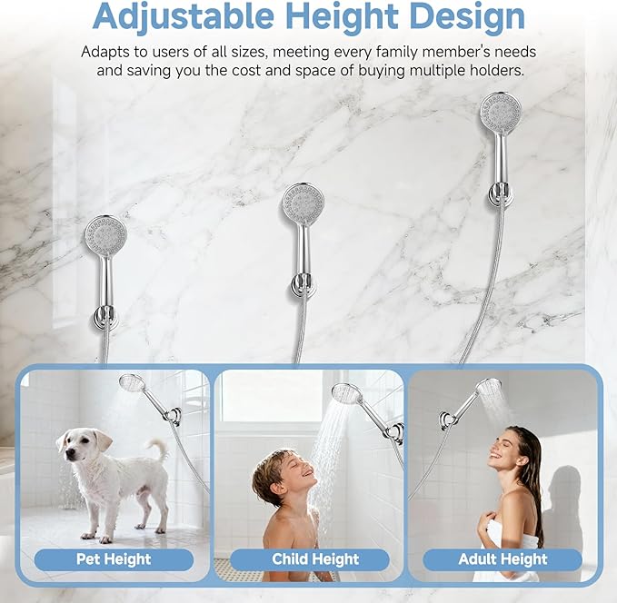 Suction Shower Head Holder，Removable Wall-Mount Handheld Shower Holder, No-Drill Adjustable Chrome Suction Cup 5-Angle Tilt & 360° Swivel