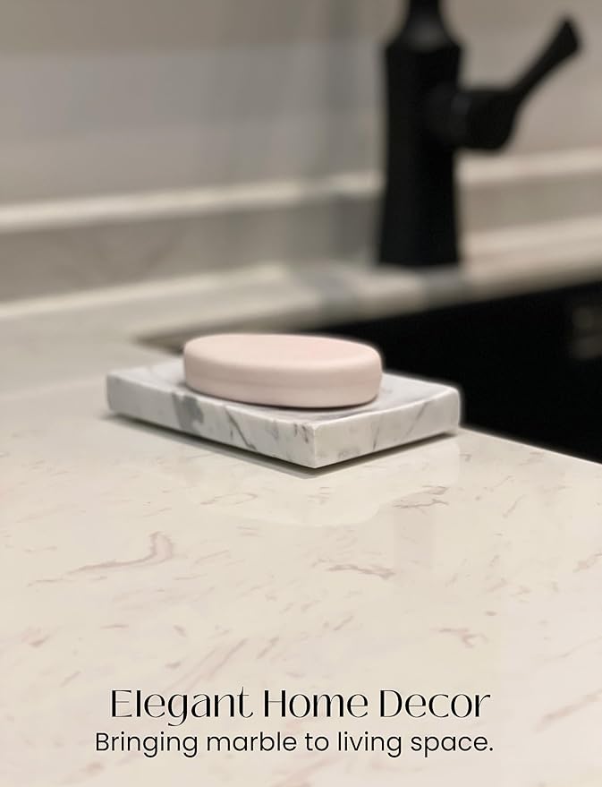 Real Marble Soap Dish - Soap Dish for Shower, Shower Bar Soap Holder, Marble Dish for Bathroom Kitchen, Decorative Stone Soap Dish (Calacatta White, Drainage Holes, Rectangular)