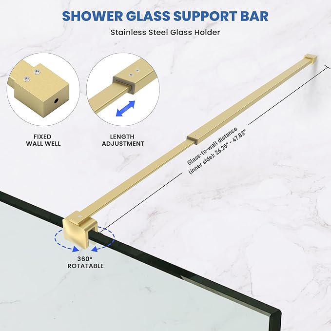 Shower Door Glass Support Bar, 26.96" to 48.54" Adjustable Stainless Steel Wall-to-Glass Shower Stabilizer Rod for 1/4", 5/16", 3/8", Brushed Gold