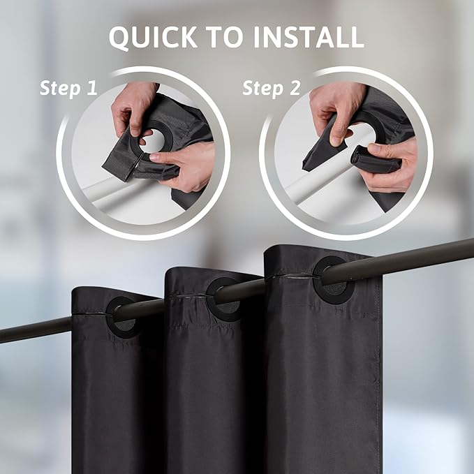 No Hook Stall Size Shower Curtain,Polyester Fabric Small Narrow Shower Curtain Liner with 6 Plastic Split Grommets,Machine Washable & Waterproof Hotel Style Curtains for Bathroom,Black,48x84 Inch