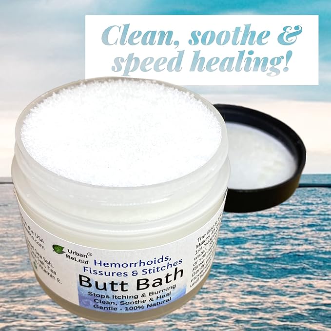 Urban ReLeaf Butt Bath ! Hemorrhoids, Fissures & Stitches. Helps itching & Burning. Clean, Soothe & Calm. The Easy Sitz Bath! Fast Relief! Gentle Sea Salt Soak. Gentle, Effective, 100% Natural