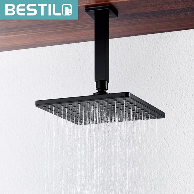 BESTILL 6 Inch Matte Black Ceiling Mount Shower Arm and Flange, Square Rain Shower Arm