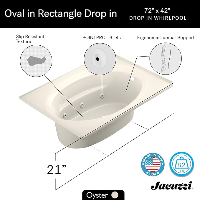 Jacuzzi SIGNATURE Acrylic Drop-In Bathtub, Jet Massage Tub, Slip Resistant, Right Drain Placement, 72" (L) x 42" (W), Oval In Rectangle, Oyster