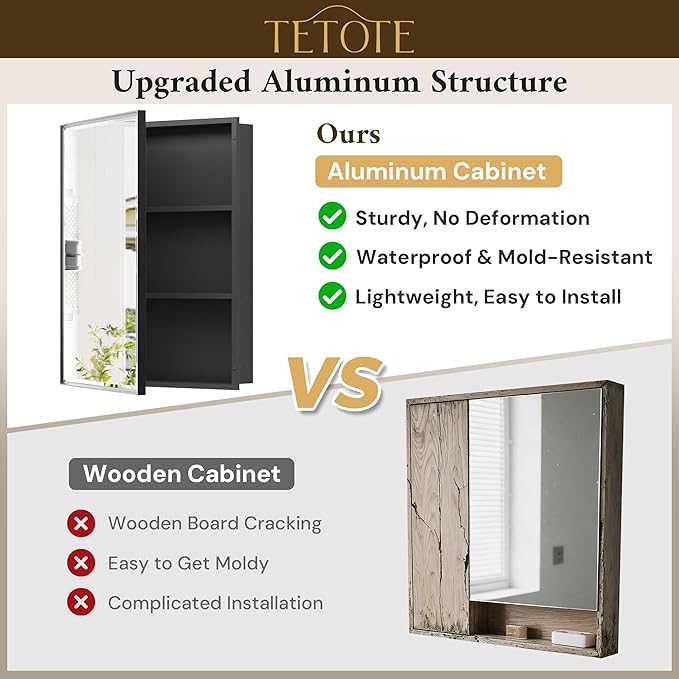 TETOTE 60" x 30" Black Recessed Medicine Cabinets Mirror Bathroom Storage Cabinet Mirror with Adjustable Shelves for Farmhouse Vanity
