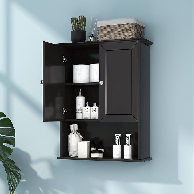 Black Wall Cabinet 24x30 Inch Wooden Over The Toilet Storage Cabinets with 2 Doors, Above Toilet Storage Medicine Cabinets for Bathroom Laundry Room Bedroom Kitchen