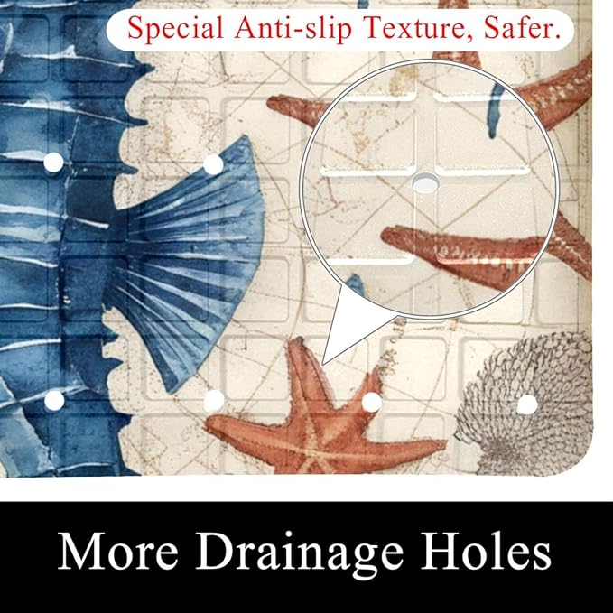 Bathtub Mats for Shower Tub, Anti-Slip Bath Mats for Inside Tub, Bathroom Shower Mats with Drain Holes and Suction Cups (Watercolor Marine Seahorse Vintage Map Background)
