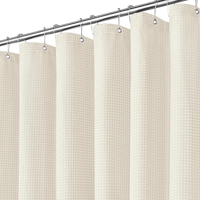 Inhousolu Fabric Shower Curtain Waffle Weave, 230 GSM Heavy Duty, Weighted Hem, 14 Metal Hooks, Water Repellent, Machine Washable, Hotel Spa Luxury Bath Curtain Set, 72 x 78 Inch, Ivory