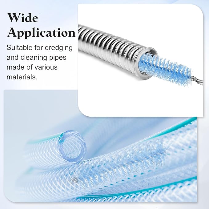 HARFINGTON 3pcs Flexible Long Drain Brush Straw Cleaner Set 78.74" Stainless Steel Double Ended Hose Brush with 8" Nylon Long Tube Pipe Cleaning for Fish Tank Sink Pipe, Blue