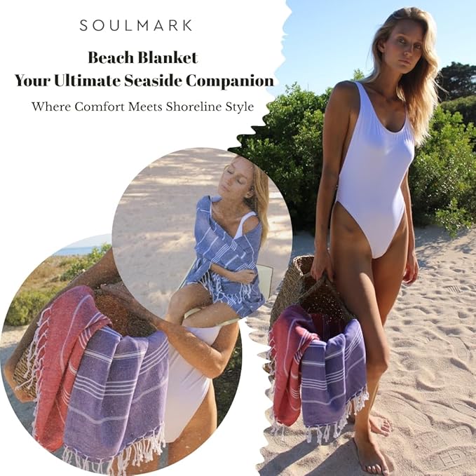 SOULMARK 100% Cotton Turkish Beach Towel with Bag - 38"x71" - 2 Pack - Made in Green & Oeko TEX Certified - Pre-Washed and & Free - Quick Dry and Lightweight for Travel - Made in Turkey - Light Blue