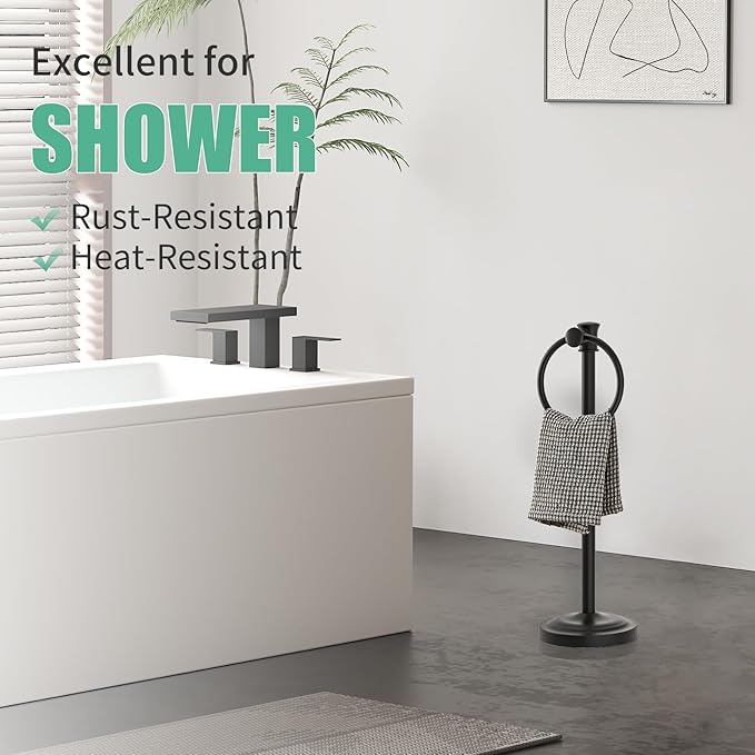 Hoimpro 17 Inch Stand Hand Towel Holder Towel Bar Towel Hanging Ring, Free Standing Floor Hand Towel Rack Storage for Bathroom Kitchen Vanity Countertops, Hardware Accessories(Matte Black)