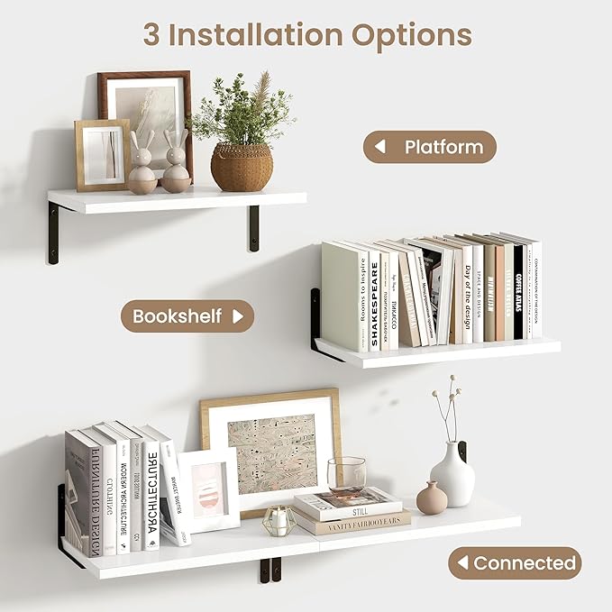 Fun Memories Deep Floating Shelves, 16W x 8D Floating Shelves Set of 2, Wall Mounted Shelf with Metal Brackets, Rustic Wood Wall Shelf for Bathroom, Kitchen and Living Room, White