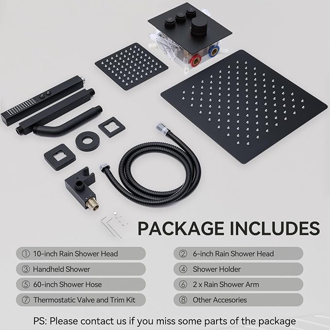 Shower Faucet Set Matte Black Shower System,12" Ceiling Rainfall and 6" Wall Mount Rain Shower with 2 in 1 Handhled, Can Use All at Once, Thermostatic Shower Set with Valve and Trim Kit