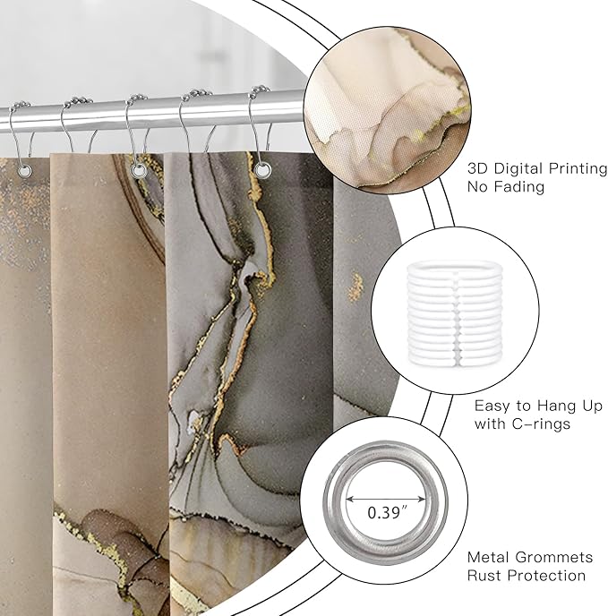 Extra Long Shower Curtain 72 x 96 Inch, Brown Floor to Ceiling X-Long Abstract Marble Shower Curtains for Bathroom, Modern Luxury Art Ink Fabric Shower Curtain Set with Hooks