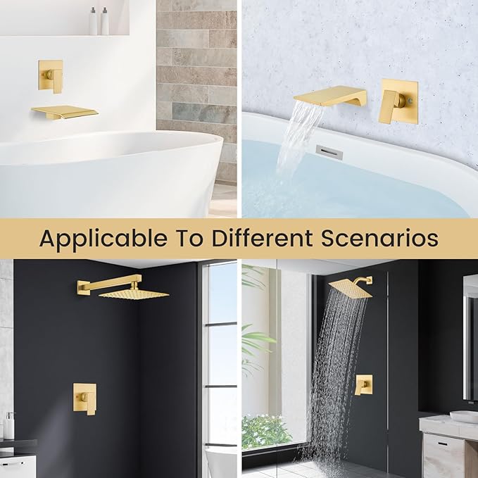 Airuida Square Single-Function Brass Faucet Shower Rough-in Valve Male Thread Bathroom Trim Kit Single Handle Tub Shower Valve 4.3 Inch Cover Plate Brushed Gold