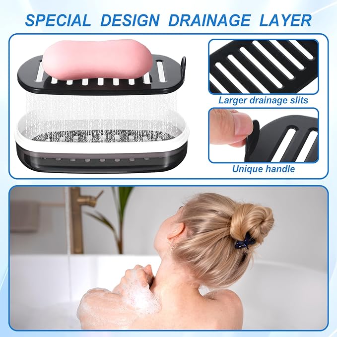 Shampoo Bar and Conditioner Holder Travel Case Shampoo Bar Holder Bars Soap Travel Case Soap Dish with Draining Layer Soaps Container for Bathroom Gym Camping, Easy to Clean (Black)
