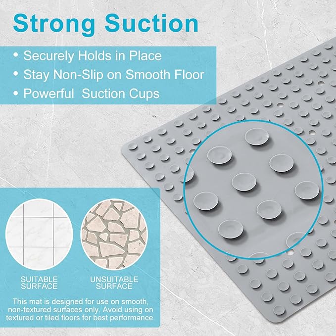 Non-Slip Bath Mat for Tub & Shower：Silicone Foldable Bathtub Mat with Strong Suction Cups, Quick Drain Holes, Machine Washable Extra Large Bathroom Mats 35.8" x 17.7", Grey
