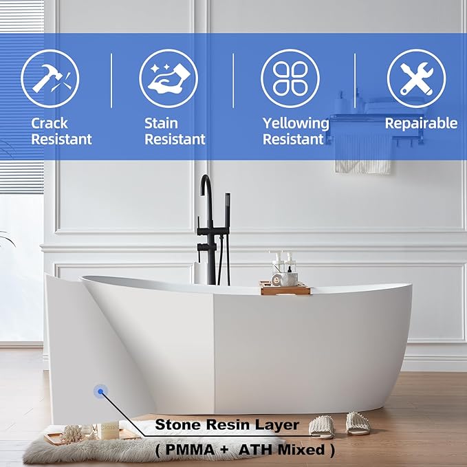 Cpingao Stone Resin Solid Surface 55" Oval Freestanding Bathtub, Modern Stand Alone Soaking Tub with Overflow and Pop Up Drain, One-Piece Molding Matte White 8828-1400