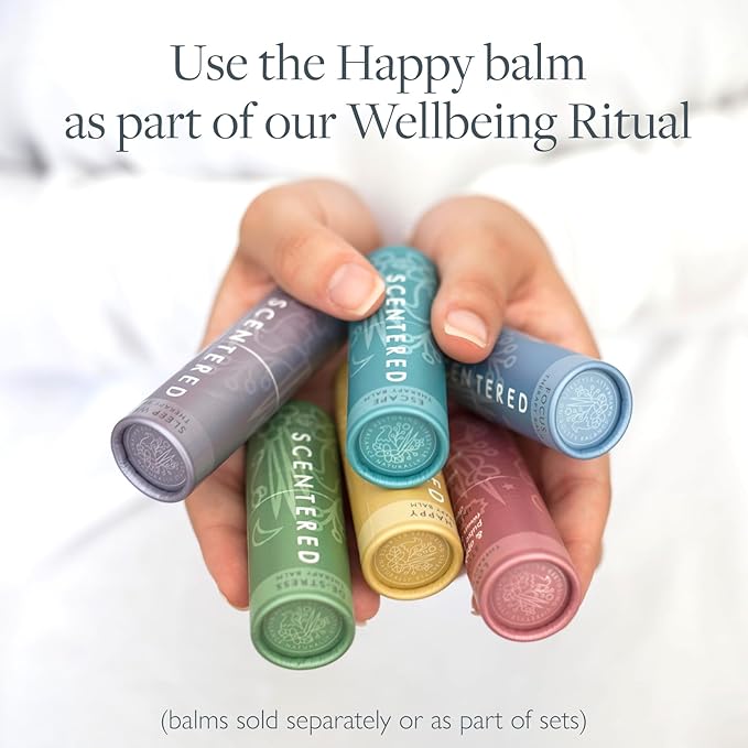 Scentered Aromatherapy Balm Stick - Happy - Mood Boost Roll On Essential Oils Blend for Positive Thinking - Grapefruit, Cedarwood, Lemon Myrtle Essential Oil - Self-Care Stocking Stuffers for Women
