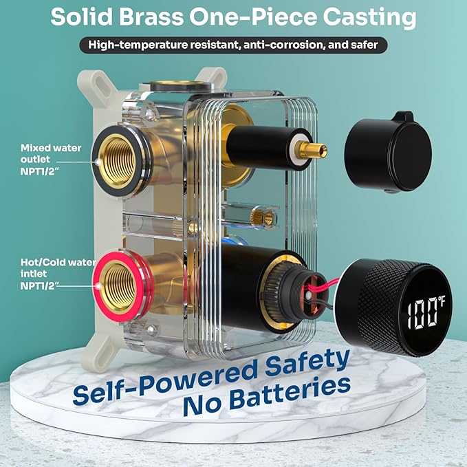 Digital Shower Valve 3 Way Diverter Temperature Display Shower Mixer 3-Function Brass Rough-in and Rectangle Black Trim Kit