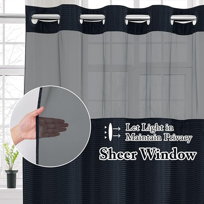 Gibelle Stall Small Shower Curtain 36x74, Waffle Weave Shower Curtain with Snap-in Fabric Liner Set, No Hooks Needed, Hotel Style with Mesh Top Window, Navy Blue