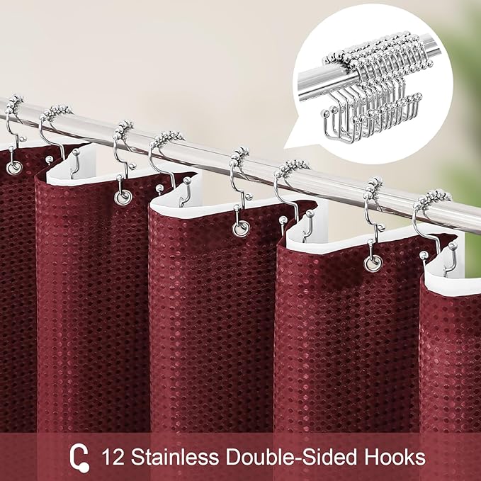 3 in 1 Stall Half Size Burgundy Shower Curtain Set-36 W x 72 H, Modern Waffle Waterproof Fabric and PEVA Liner Set with Stainless Steel Hooks