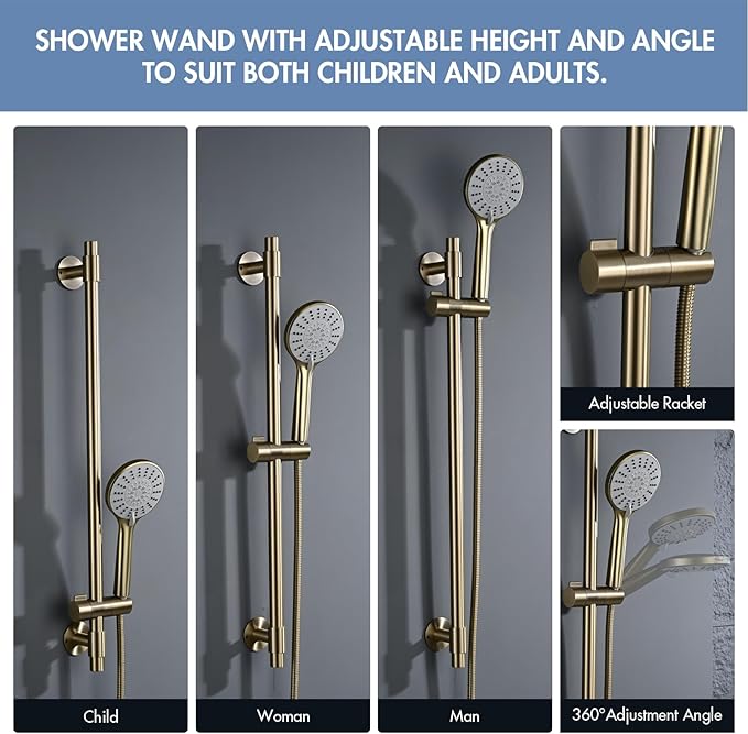 Adjustable Shower Slide Bar with 5-Function Handheld Shower Head, Stainless Steel Drill-free Mounted Slide Bar Combo with Extra Hose (Brushed Gold)