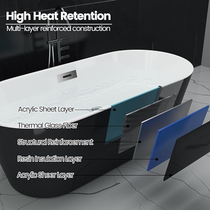 67 in Acrylic Freestanding Bathtub, Contemporary Stand Alone Tub,Black Soaking Tub, Oval Bathtub with Chrome Overflow and Drain, CUPC Certified