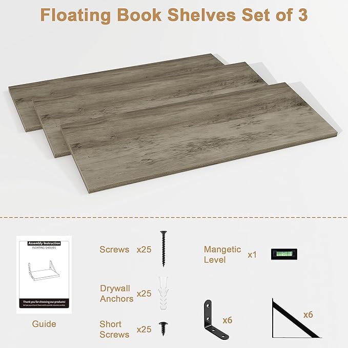 Fun Memories Extra Long Floating Wall Shelves, 48 x 8 Inches, Set of 3 Large Wood Floating Bookshelves with Metal Brackets for Storage & Display (Grey)
