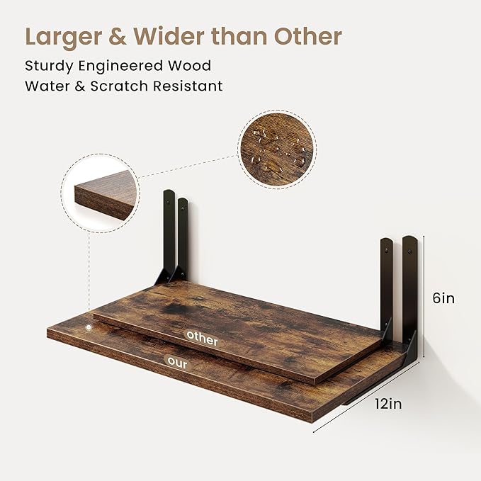 Fun Memories Rustic Brown 12 Inch Deep Floating Shelves Set of 2, Wall Mounted Shelf with Metal Brackets, Rustic Wood Wall Shelf for Bathroom, Kitchen and Living Room, Rustic Brown, 32W x 12D