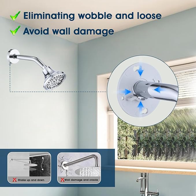 8 Inch Shower Arm with Flange and Stabilizer Bracket, Wall Mounted Shower Pipe Compatible with Rainfall Showerhead,Easy Installation, Chrome