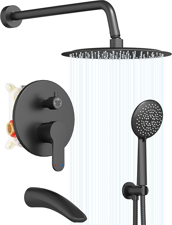 Gabrylly Shower System with Tub Spout, Black Bathtub Shower Faucet Set with 3-Way Pressure Balance Valve Kit, 10" Rain Head with Handheld Spray, Matte Black