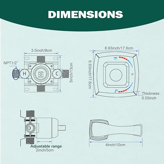 2 Way Shower Diverter Valve, All Metal Single-Handle Trim Kit Pressure Balance Shower Control Brass Rough-In Mixing Valve 1/2" NPT Connection, Polished Chrome