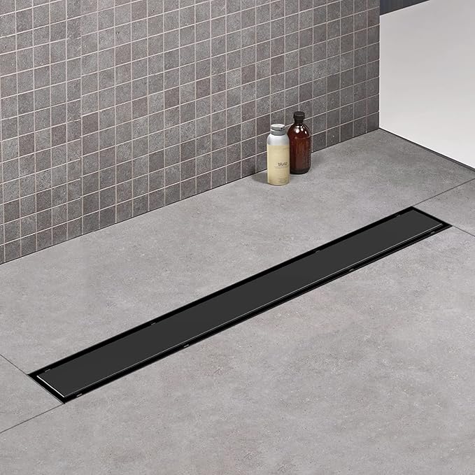 Linear Shower Drain, 36 inch Black Drain with Tile Insert 2-in-1 Panel, Brushed 304 Stainless Steel Shower Floor Drain, Linear Drain with Hair Strainer and Adjustable Feet