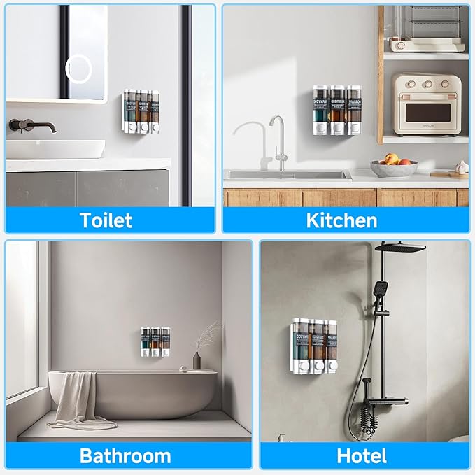 Shampoo and Conditioner Dispenser,GlintGath Shower Dispenser 3 Chamber No Drill Shampoo Dispenser for Shower Wall Mounted Shower Soap Dispenser for Bathroom Hotel,3 * 300ML,Silver