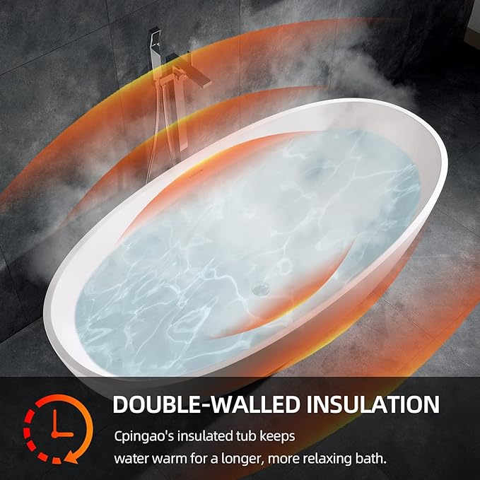 Cpingao 55" Freestanding Bathtub, Oval Shaped Stone Resin Freestanding Tubs, Solid Surface Matte White Soaking Tub with Overflow and Pop-up Drain